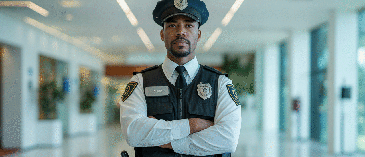 Professional security guard standing in a modern office lobby in California, symbolizing trust and protection