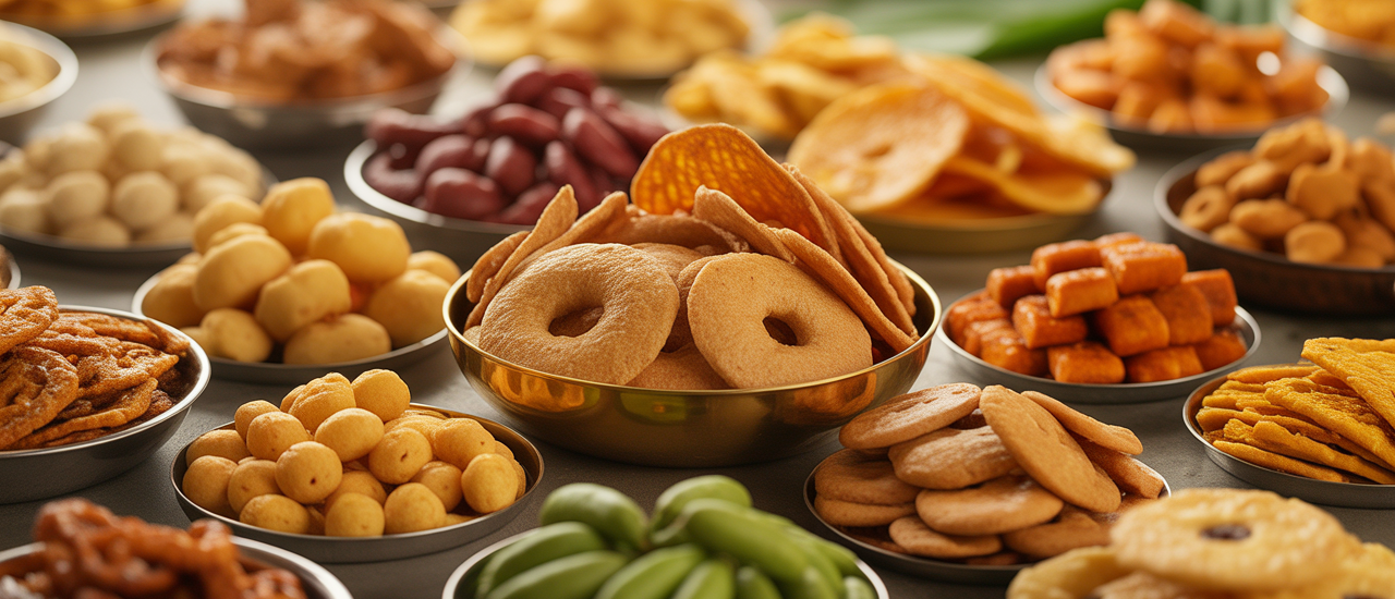 Assortment of healthy, preservative-free Tamil snacks beautifully arranged on a white background, showcasing their natural appeal.