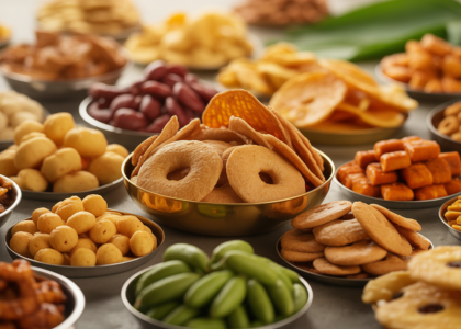 Assortment of healthy, preservative-free Tamil snacks beautifully arranged on a white background, showcasing their natural appeal.