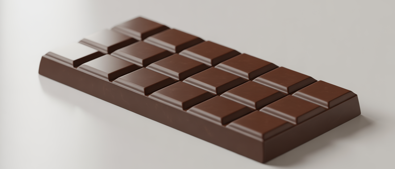 A beautifully crafted, high-quality dark chocolate bar on a pristine white background, representing gourmet craftsmanship and quality.