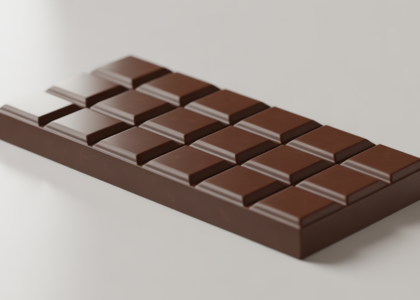 A beautifully crafted, high-quality dark chocolate bar on a pristine white background, representing gourmet craftsmanship and quality.