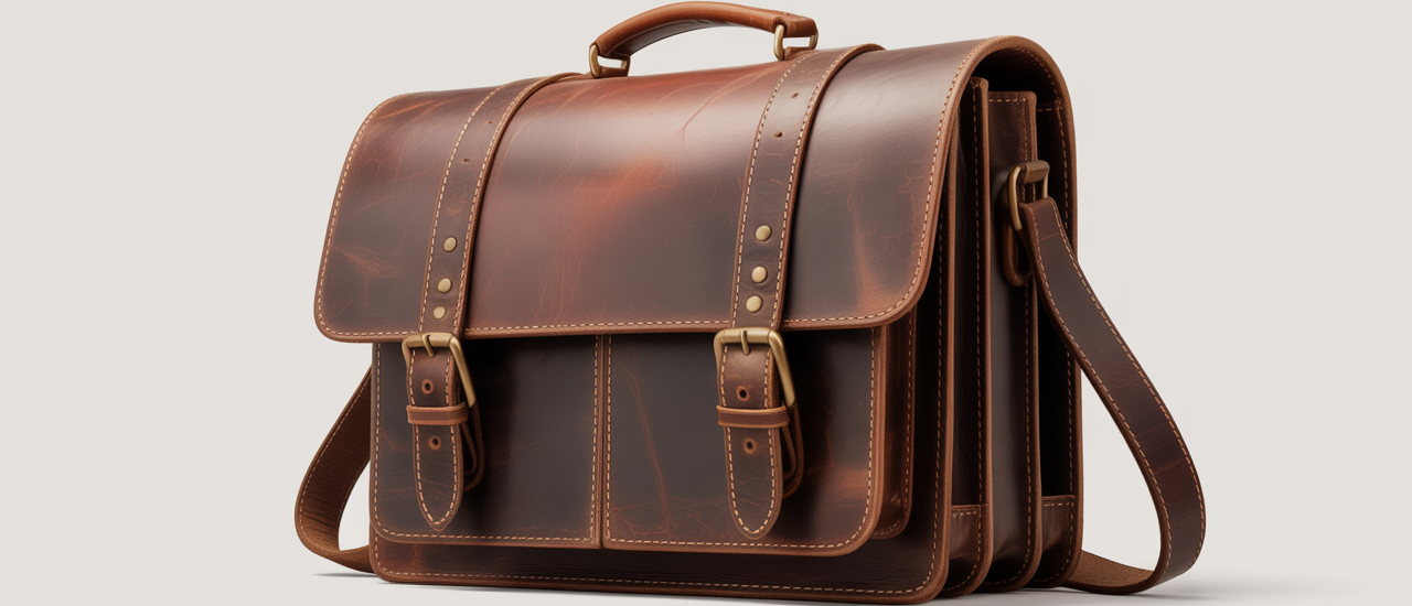 Vintage full-grain leather messenger bag with rich brown patina and brass hardware on a clean white background.