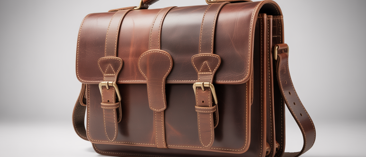 A close-up of a high-quality vintage brown leather messenger bag with sturdy brass buckles, showcasing its texture and craftsmanship.