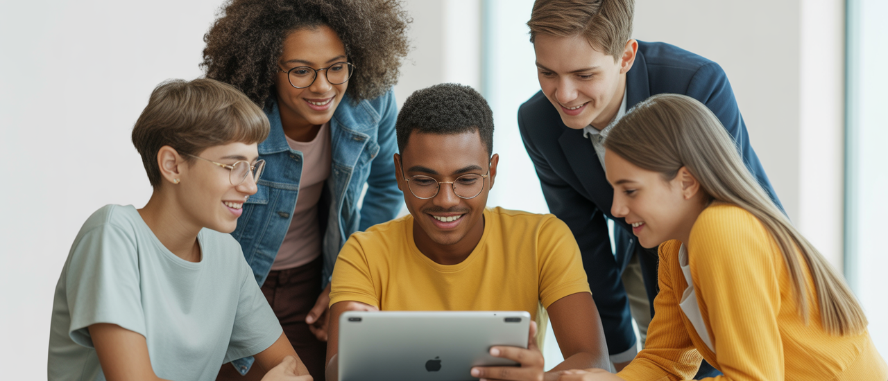 Diverse youth participating in a virtual peer support group on a tablet, symbolizing connection and emotional wellness.