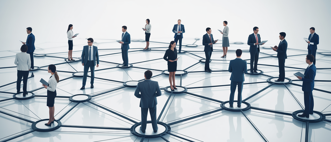 Hero image of a diverse group of business professionals seamlessly connecting and collaborating across digital networks, symbolizing streamlined B2B interactions and partnership.