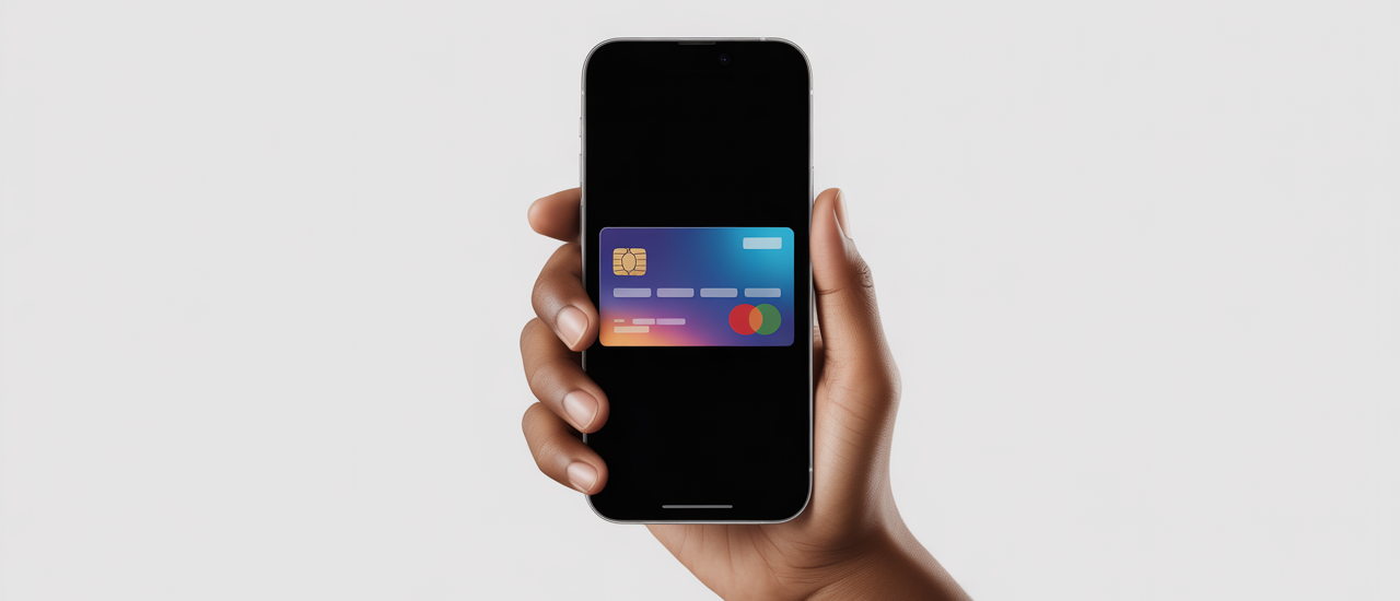 Close-up of a hand holding a smartphone displaying a digital payment interface, with a credit card visible next to it, representing UPI credit card transactions.