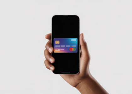 Close-up of a hand holding a smartphone displaying a digital payment interface, with a credit card visible next to it, representing UPI credit card transactions.