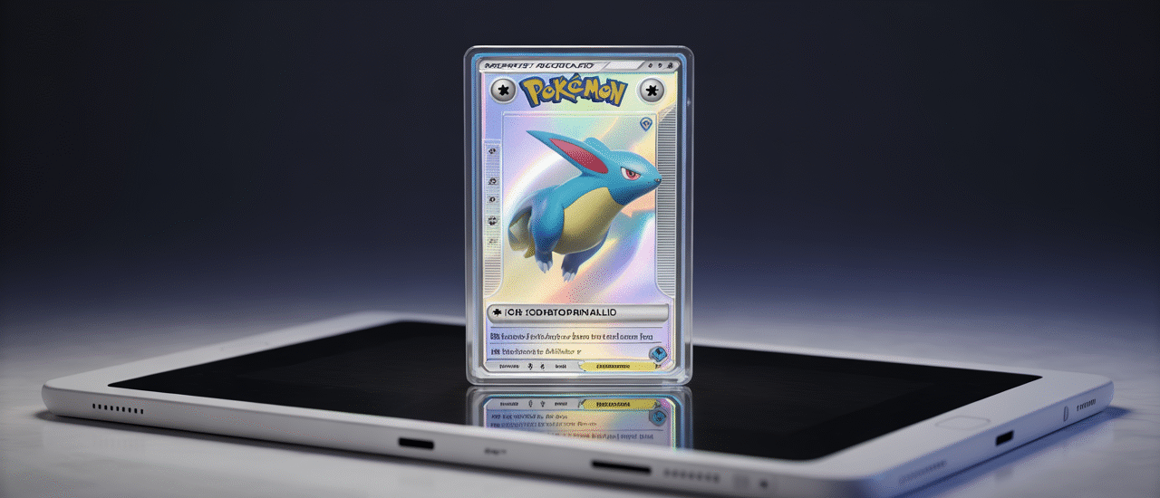A holographic Pokemon card displayed on a digital tablet, representing online purchasing and collecting.