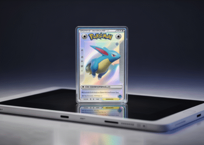 A holographic Pokemon card displayed on a digital tablet, representing online purchasing and collecting.