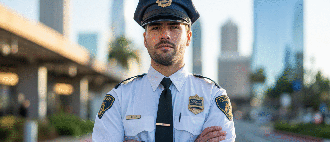 A professional security guard standing confidently in front of a modern building, representing security services in California.
