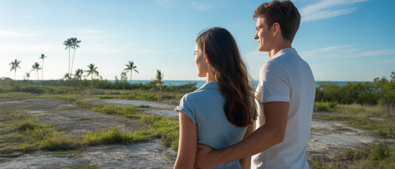 Couple envisioning their future on a sunny, undeveloped Florida land plot.