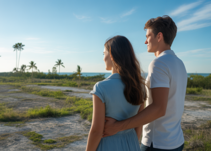 Couple envisioning their future on a sunny, undeveloped Florida land plot.