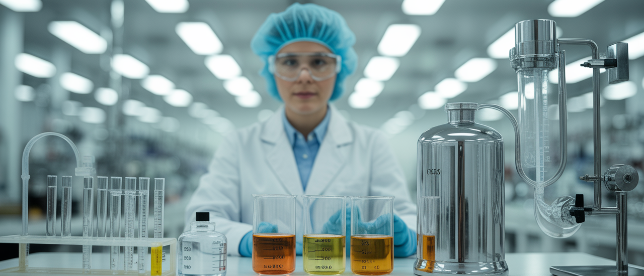Modern cosmetic manufacturing lab with scientific equipment and personnel, symbolizing quality and innovation.