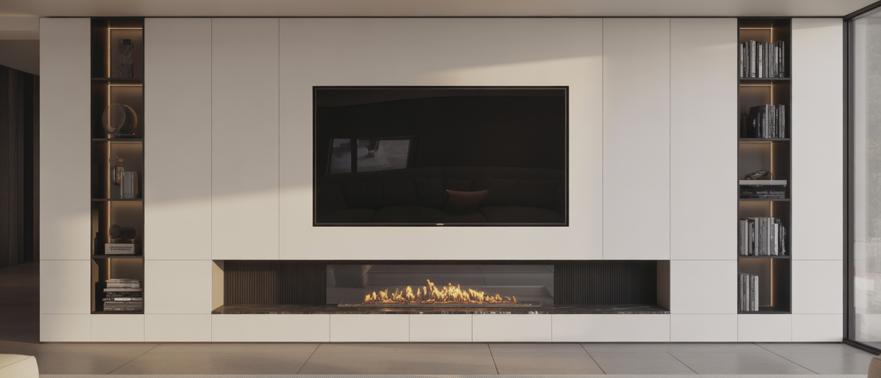 Modern living room with a custom-built media wall featuring integrated television and storage solutions, enhancing home aesthetics.