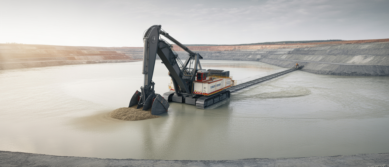 A large, modern mine tailings dredge actively operating in a vast tailings pond at a mine site, surrounded by an industrial landscape under bright lighting.