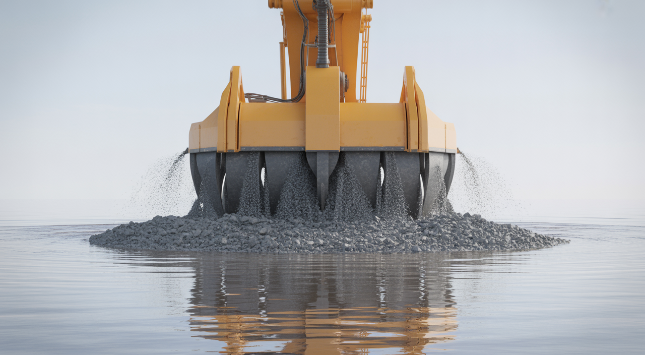 A powerful mine tailings dredge working in a tailings pond, demonstrating its role in efficient waste management and mineral recovery.