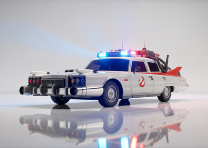 Iconic Ghostbusters Ecto-1 siren replica with flashing lights on a white background
