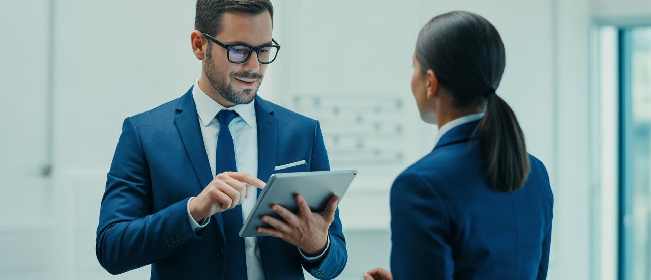 Cybersecurity consultant discussing digital protection with a Canadian business owner in a modern office