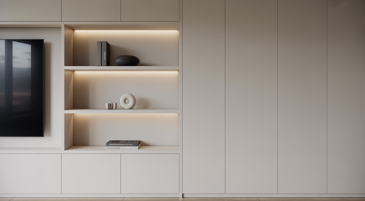 A modern custom media wall in a UK living room, featuring integrated television, storage, and a fireplace.
