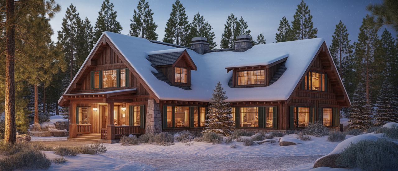 Photorealistic image of a cozy snow-covered Big Bear mountain lodge with warm lights in a tranquil forest setting
