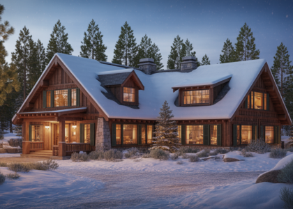 Photorealistic image of a cozy snow-covered Big Bear mountain lodge with warm lights in a tranquil forest setting