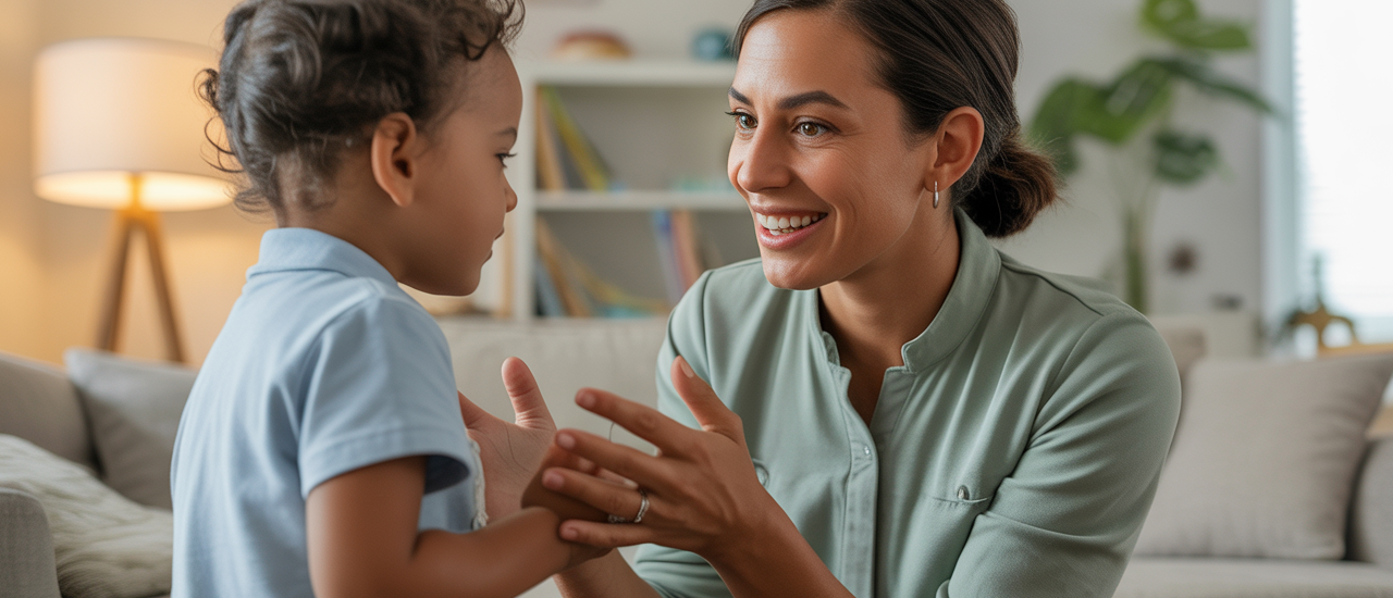 Therapist and child engaging during in-home ABA therapy session in a bright, neutral home setting