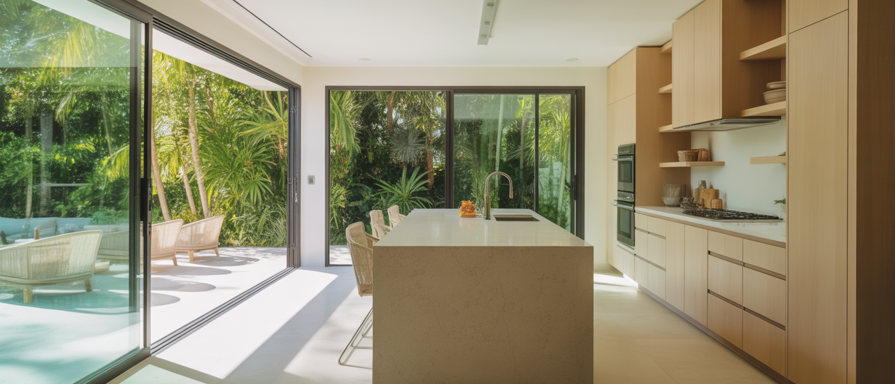 A bright, modern Florida kitchen with large sliding glass doors open to an outdoor patio, showcasing seamless indoor-outdoor living.