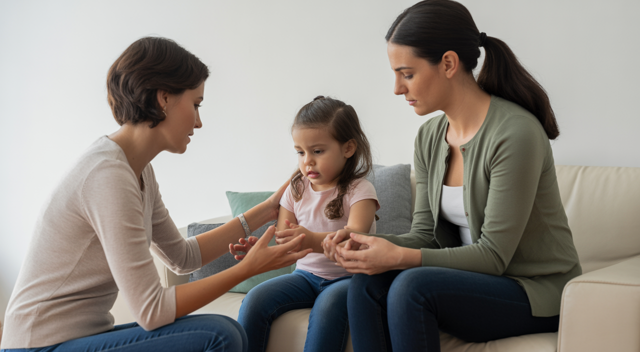 Parent and ABA therapist working together with a child during in-home autism therapy in Muscatine