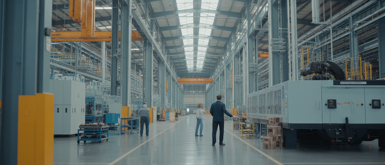 Photorealistic image of a modern manufacturing factory showing industrial building and machinery, representing manufacturing license in India