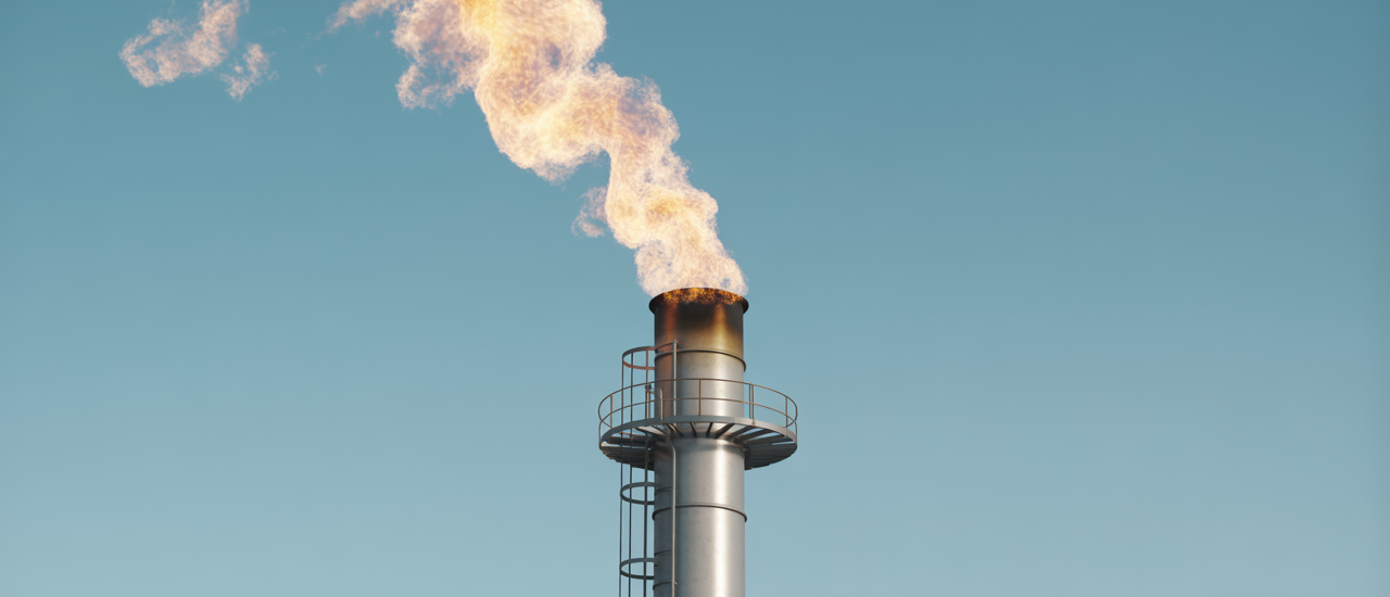 Photorealistic image of a modern industrial flare system stack with clean flame, symbolizing safety and environmental compliance