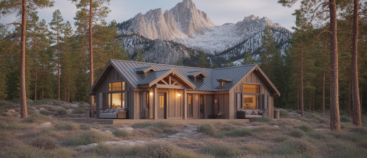 Cozy modern cabin in a California pine forest with snowy mountains in the background