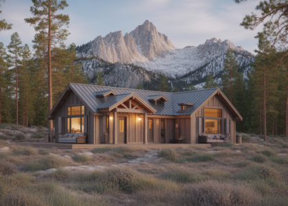 Cozy modern cabin in a California pine forest with snowy mountains in the background