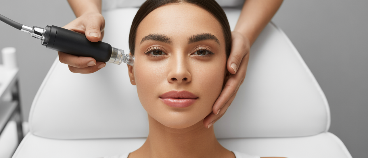 Photorealistic image of a calm woman receiving microneedling treatment from a professional esthetician in a modern spa environment with white background