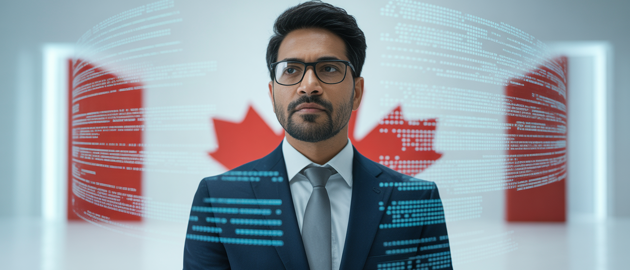 Photorealistic professional image of an Indian investor focused on cybersecurity analysis related to Canadian investments with digital and Canadian thematic elements