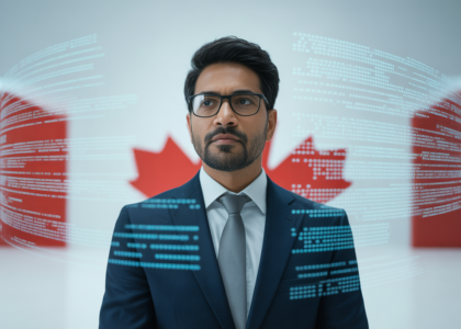 Photorealistic professional image of an Indian investor focused on cybersecurity analysis related to Canadian investments with digital and Canadian thematic elements