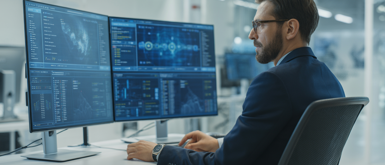 Photorealistic image of a confident business professional reviewing cybersecurity data on digital screens in a modern office