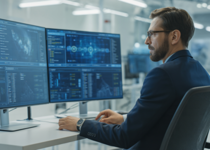Photorealistic image of a confident business professional reviewing cybersecurity data on digital screens in a modern office