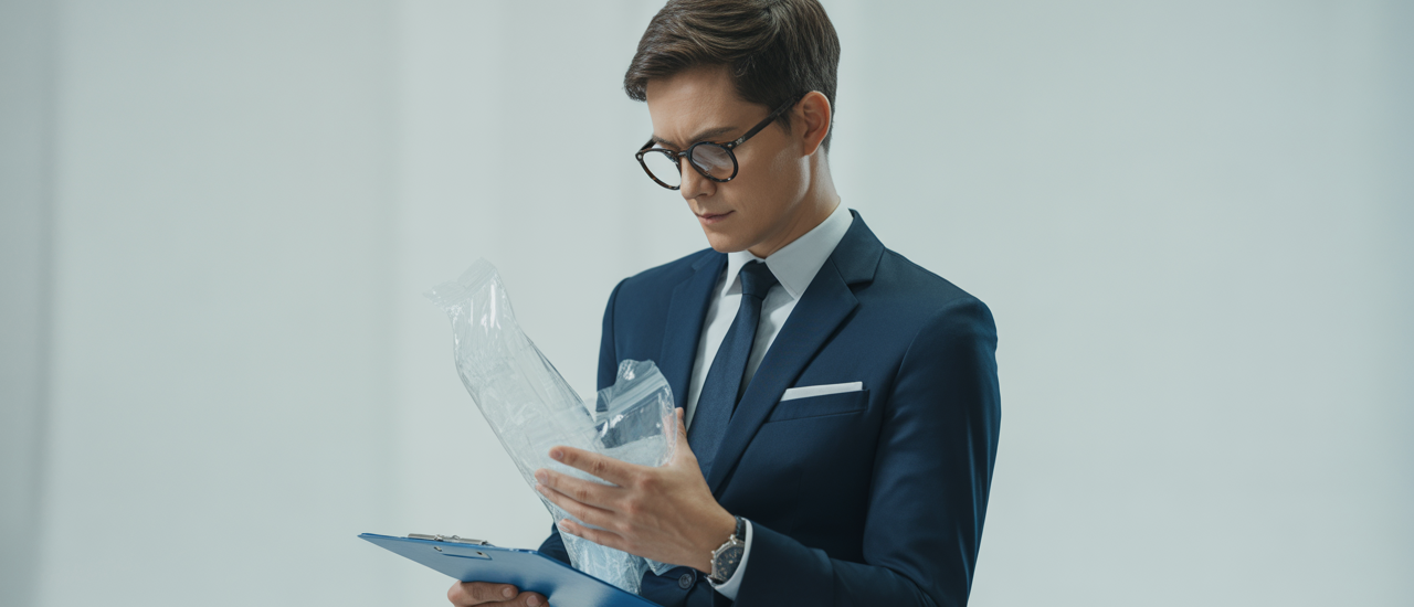 Business professional reviewing plastic packaging with clipboard representing EPR compliance for plastic waste