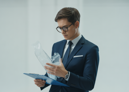 Business professional reviewing plastic packaging with clipboard representing EPR compliance for plastic waste