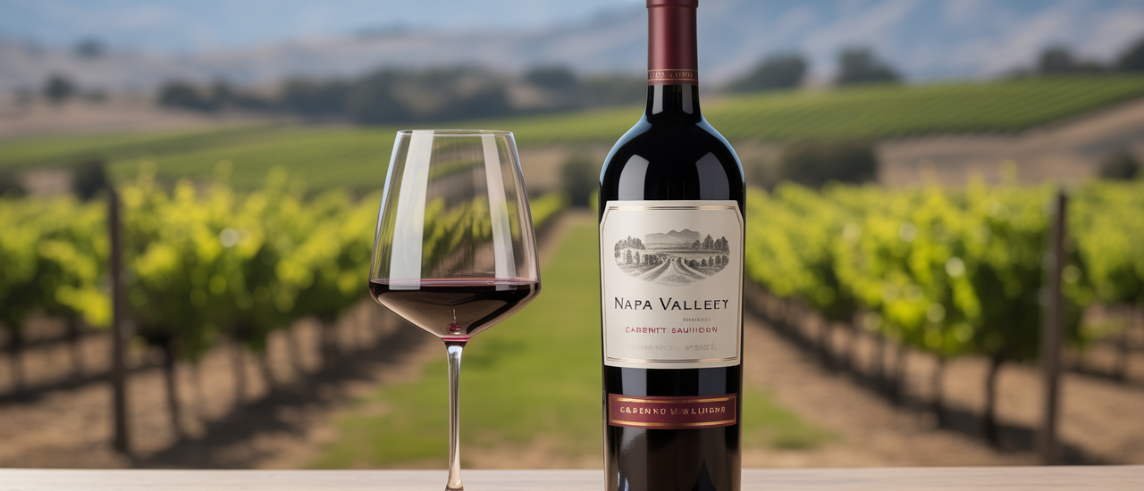 Close-up of a premium Napa Valley Cabernet Sauvignon wine bottle with a wine glass, elegant and luxurious presentation on a neutral background