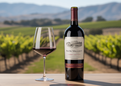 Close-up of a premium Napa Valley Cabernet Sauvignon wine bottle with a wine glass, elegant and luxurious presentation on a neutral background