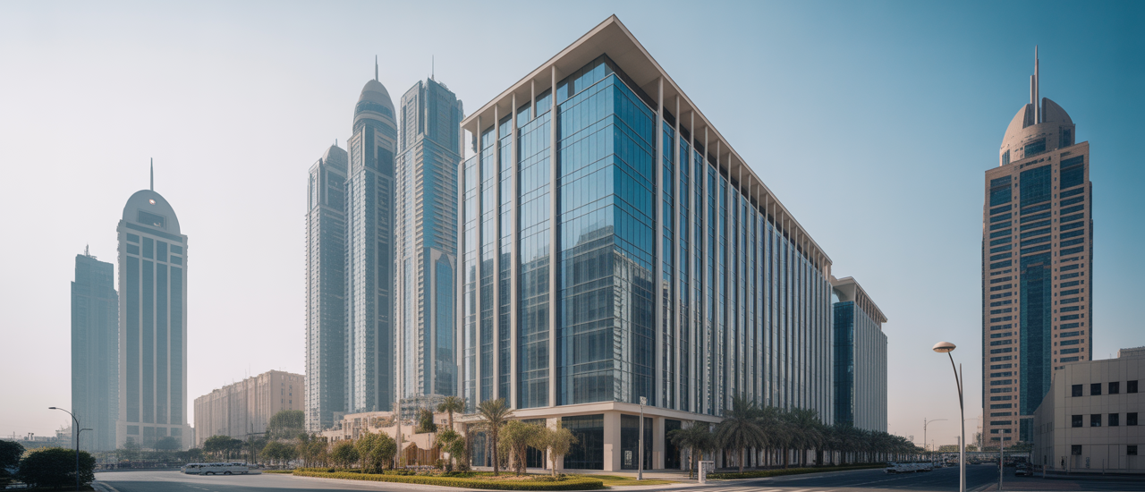 High-quality professional image of a modern commercial building in Dubai managed by a facility management company, showing a pristine building exterior with clear sky, representing facility management importance