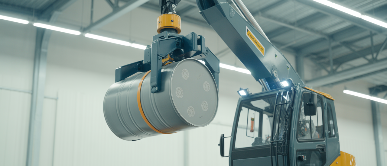 High-quality image of a drum handling manipulator lifting a steel drum in a modern factory with clean white background