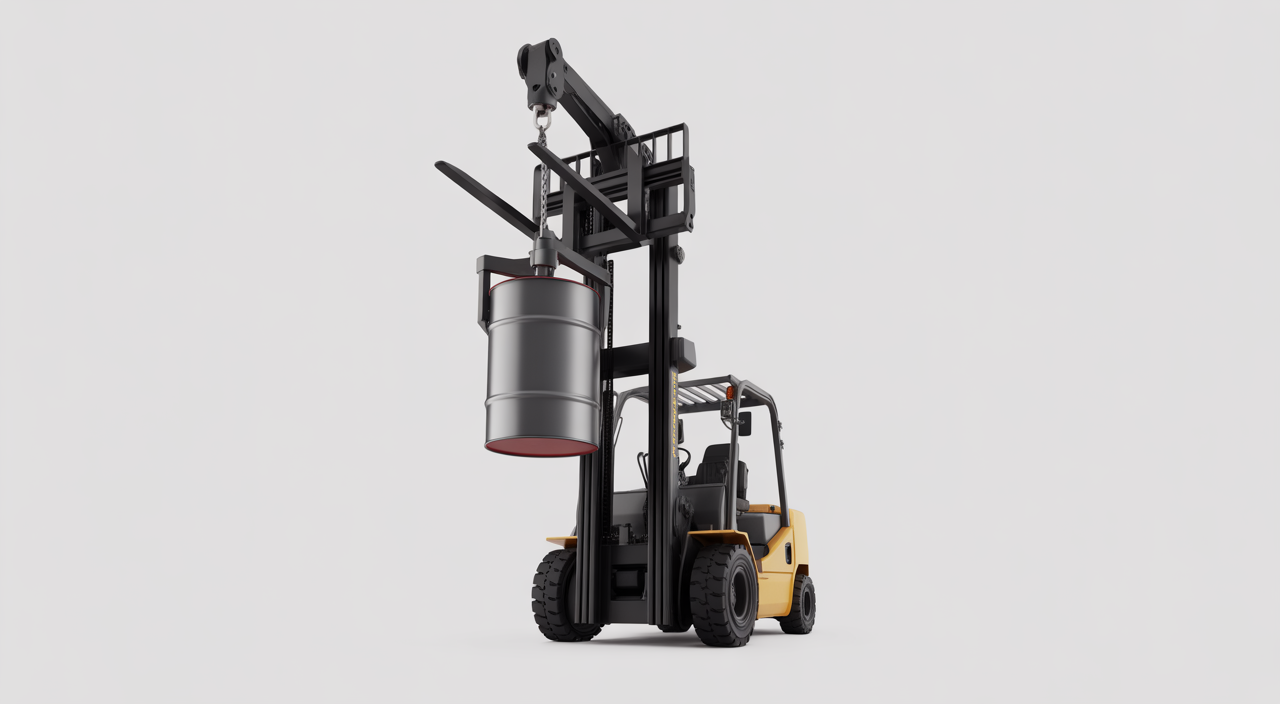 Industrial drum handling manipulator lifting and tilting a large drum in a factory setting