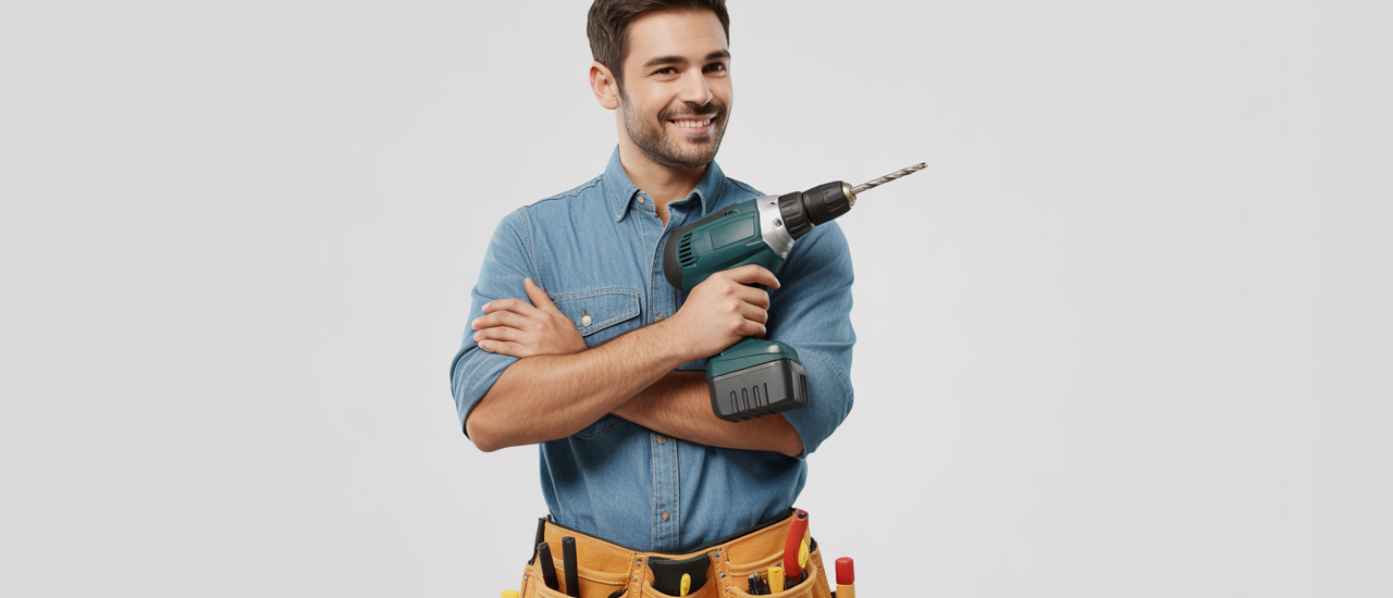 Professional handyman with tools smiling against a white background representing trustworthy handyman services in Atlanta
