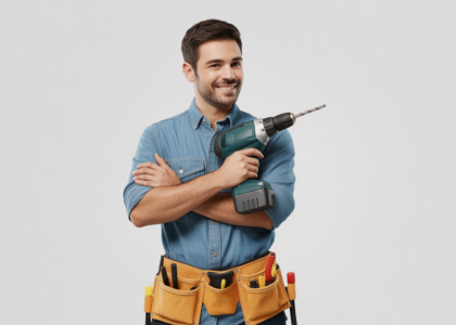 Professional handyman with tools smiling against a white background representing trustworthy handyman services in Atlanta