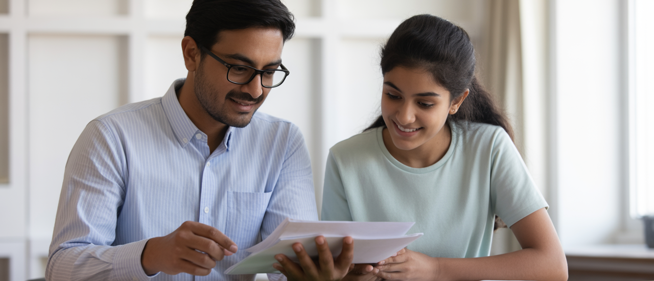 Photorealistic image of Indian parent and teenage child discussing college planning documents against a clean white background