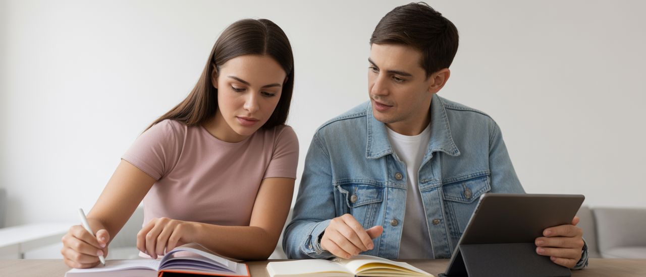 Parent and teenage student collaborating on college planning with study materials on a clean white background