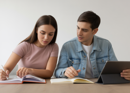 Parent and teenage student collaborating on college planning with study materials on a clean white background