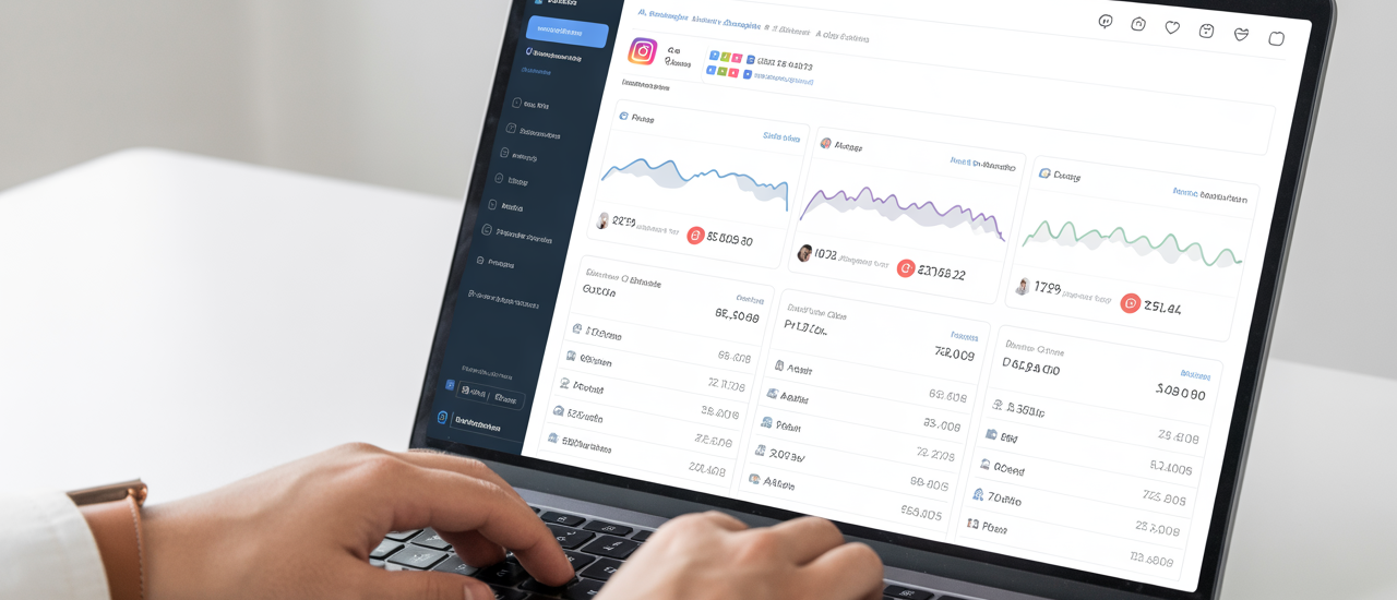 Close-up image of laptop with Instagram analytics on screen for tracking engagement and follower growth